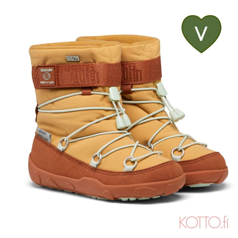 Affenzah Snowboot Snowy Vegan (TEX), Mini A Ture Yellow "Tiger" (TEX membrane, water-resistant Econyl / microfiber, teddy lining) - All-weather sole