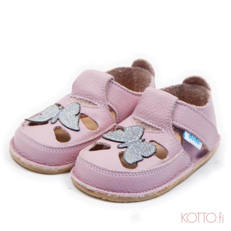 Dodo Shoes Barefoot Sandal, Sparkling Butterfly / Cameo Pink 24/25 (leather / glitter leather, no lining) - Crepe Rubber sole